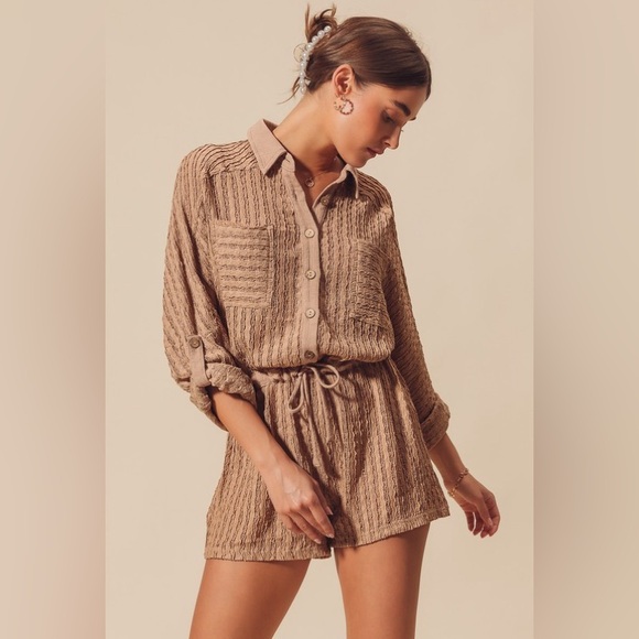 White ivory textured lace crochet knit button drawstring boho bohemian romper … - Picture 5 of 9